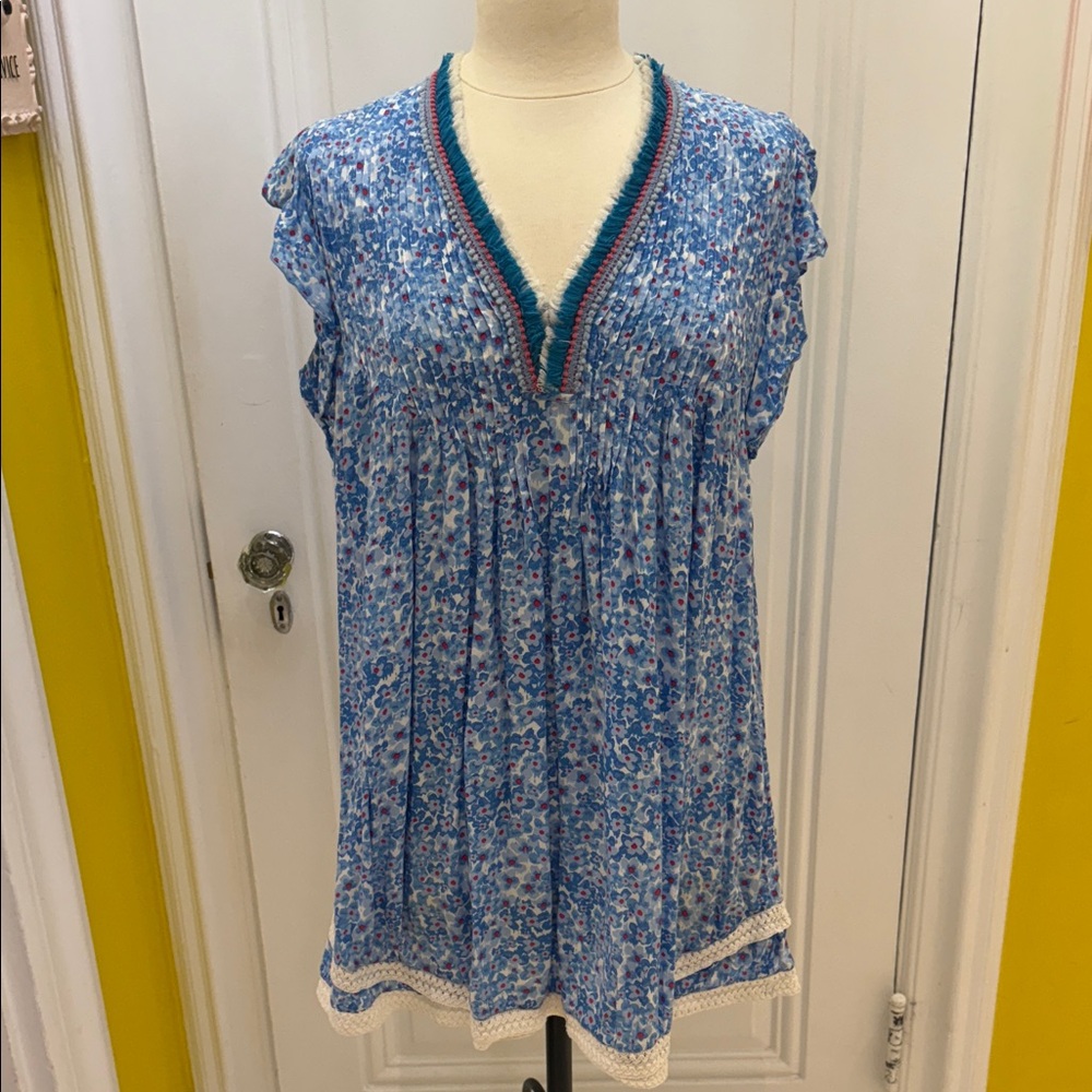 Poupette St Barth Sz Med Blue Floral V-Neck dress